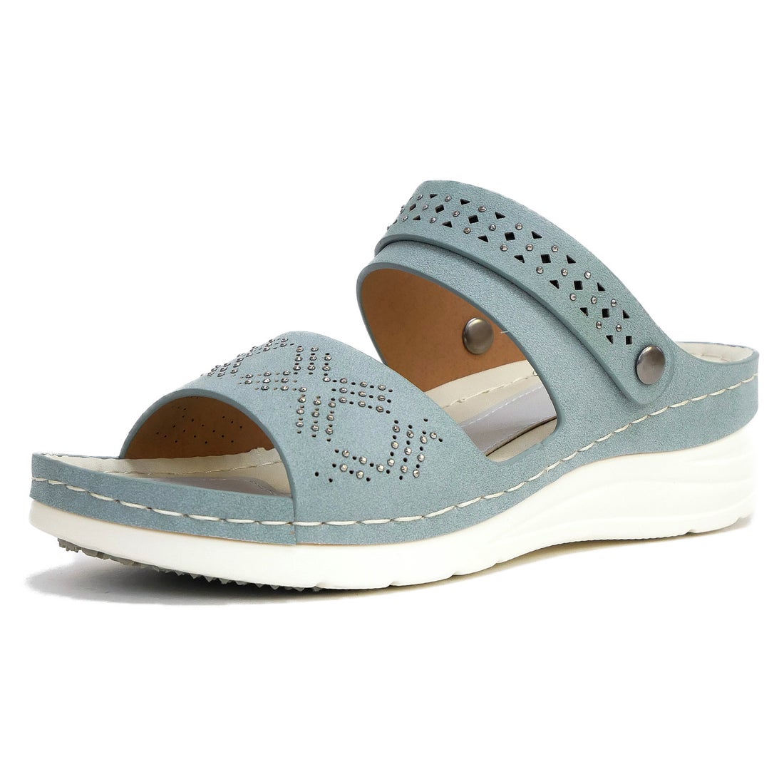 PARTAM パータム ミュールサンダル レディース 2WAY 幅広 3E 軽い バックストラップ ビジュー パンチング フラット カップイン形状 滑りにくい （ライトブルー）